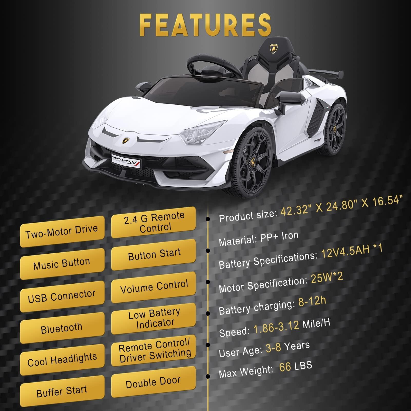 12V Elektroauto für Kinder im Lamborghini-Stil – Elektrisches Kinderfahrzeug mit Fernbedienung, hydraulischen Flügeltüren, Federung, LED-Licht, Musikfunktion, Sicherheitsgurt, robust – Für