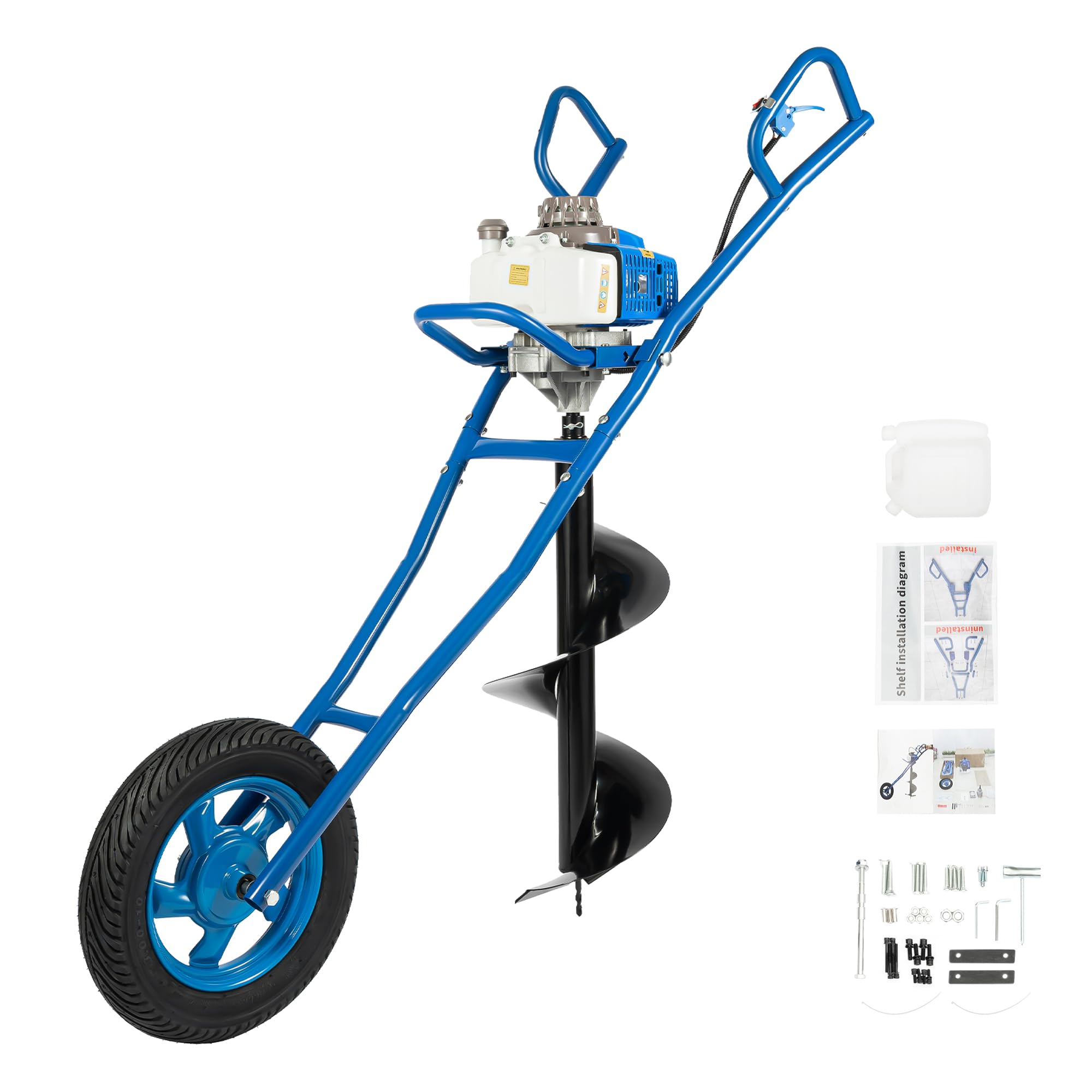 63 CCM Ahoyadora Gasolina Broca de Tierra 2 Tiempos Taladro Jardín 2,2 kW con Ruedas, Broca de 300 mm para Obras Plantación de Jardines, Suelo Suelto Vegetal Cultivo