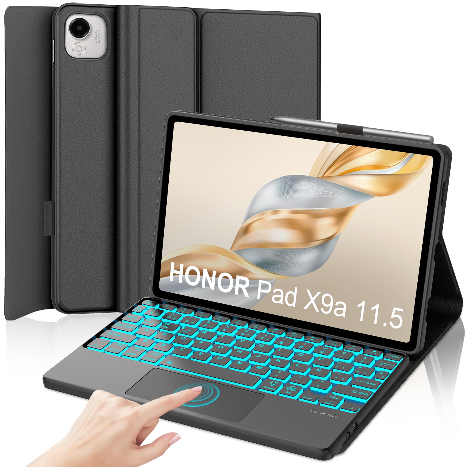 IVEOPPE Teclado para Honor Pad X9A 11.5 Pulgadas con Touchpad, Teclado Funda Trackpad Keyboard Retroiluminado de 7 Colores Español Ñ Desmontable Bluetooth para Honor Pad X9A 11.5 Pulgadas 2025, Negro