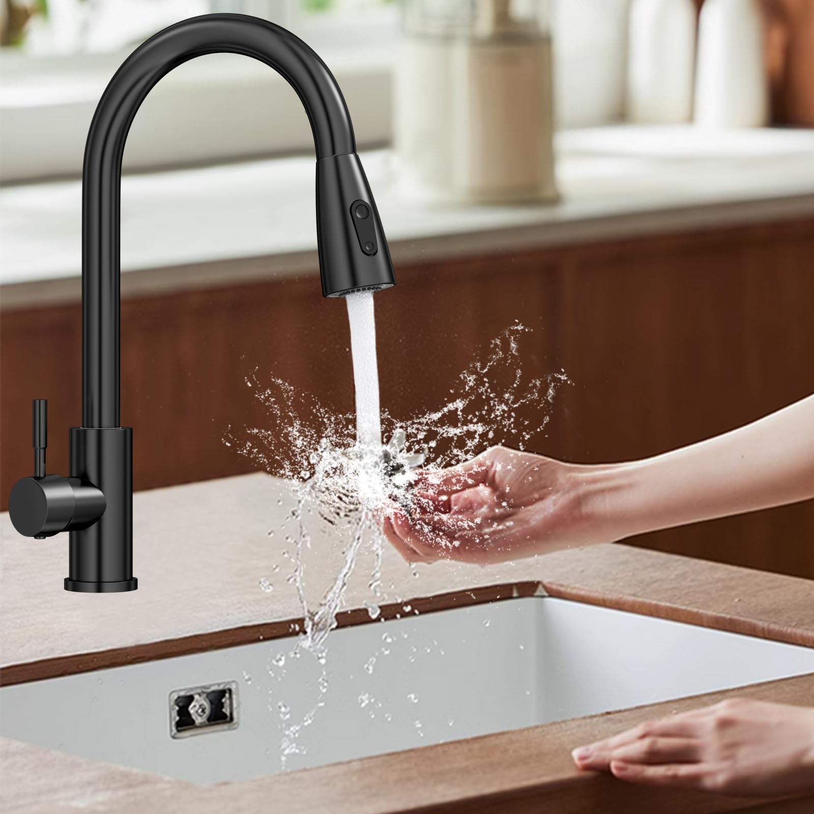 Grifo Cocina Extraible, Grifo Cocina Fregadero Extensible con 2 Modos de Agua Alcachofa Extraíble, Monomando, Giratorio a 360° Torneira Cozinha, Fácil Instalación, Negro