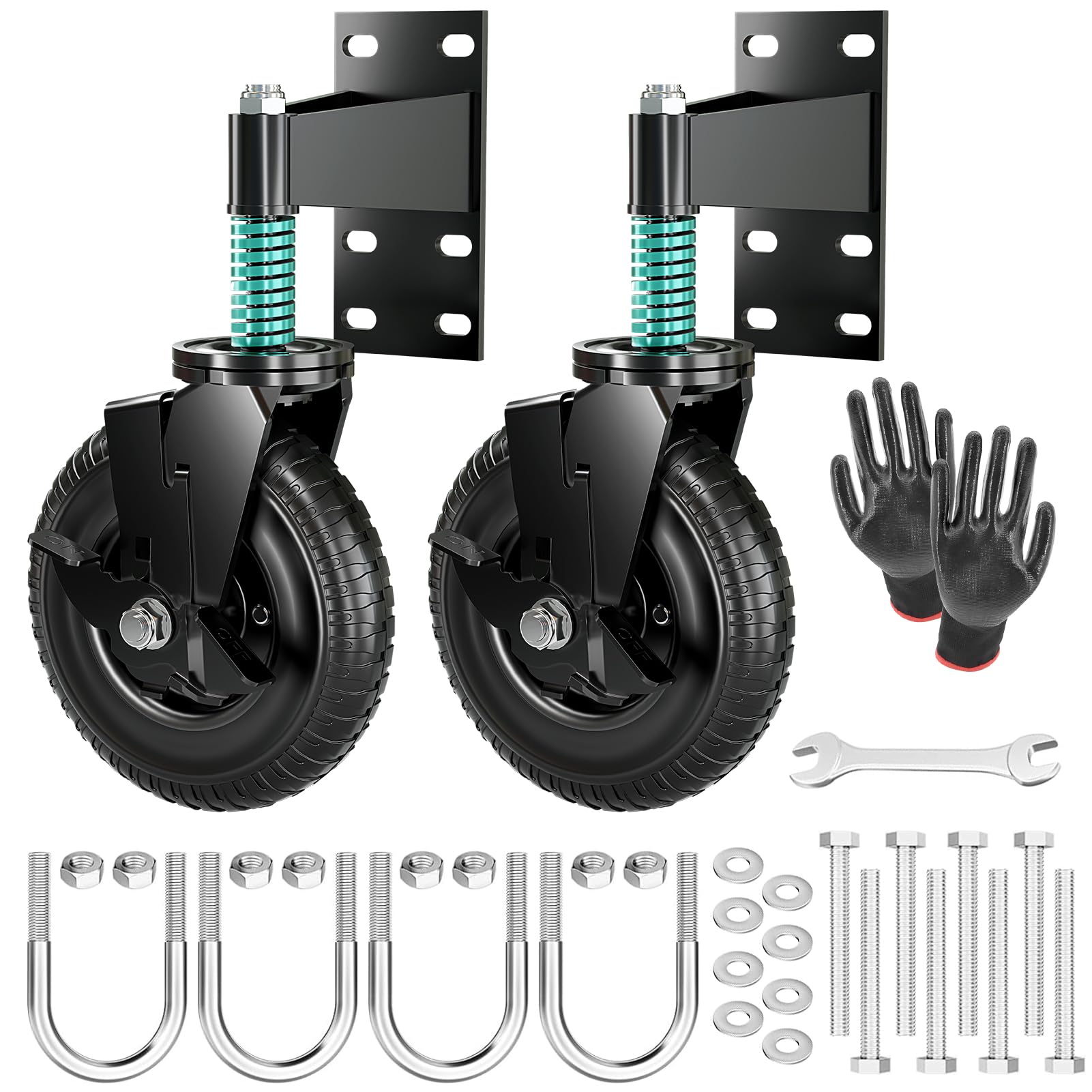 2Pcs 8 Inch Fence Gate Wheels with Brake 2 Install Heavy Duty Gate Wheels for Metal Wooden Gate Sliding Hardware 600lb Capacity 360° Rotation Spring-Loaded Farm Garden Caster Screwdriver Gloves Black