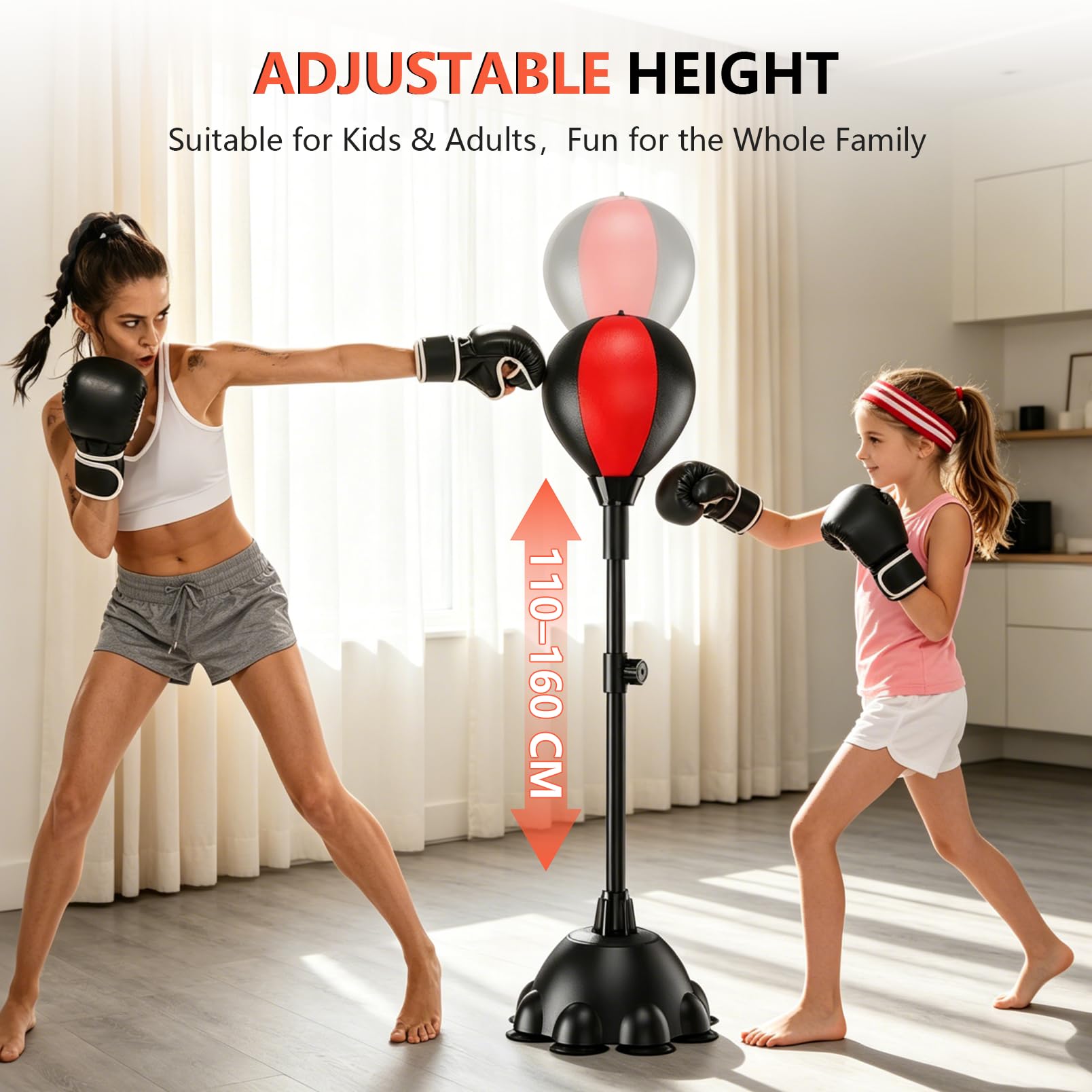 Punching Ball, Boxball Standboxsack Höhenverstellbar 110-160 cm, Boxtrainer | mit 8 Saugnapf-Basis, Reflexball für Erwachsene, Boxset mit 2 Paar Boxhandschuhen, Schutzausrüstung und Luftpumpe