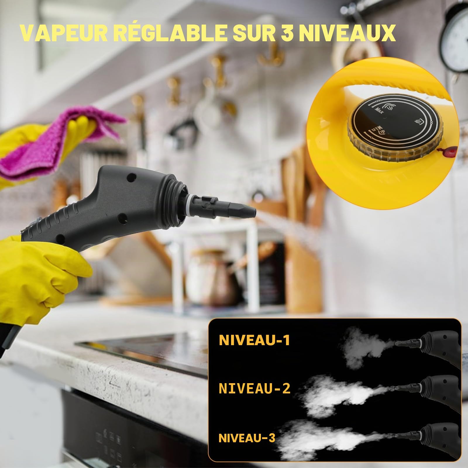Nettoyeur vapeur manuel 1800 W, câble d'alimentation de 1,5 m, haute température 329 °F/165 °C, 3 niveaux de nettoyage, pour voiture, fenêtre, cuisine, sol, meubles