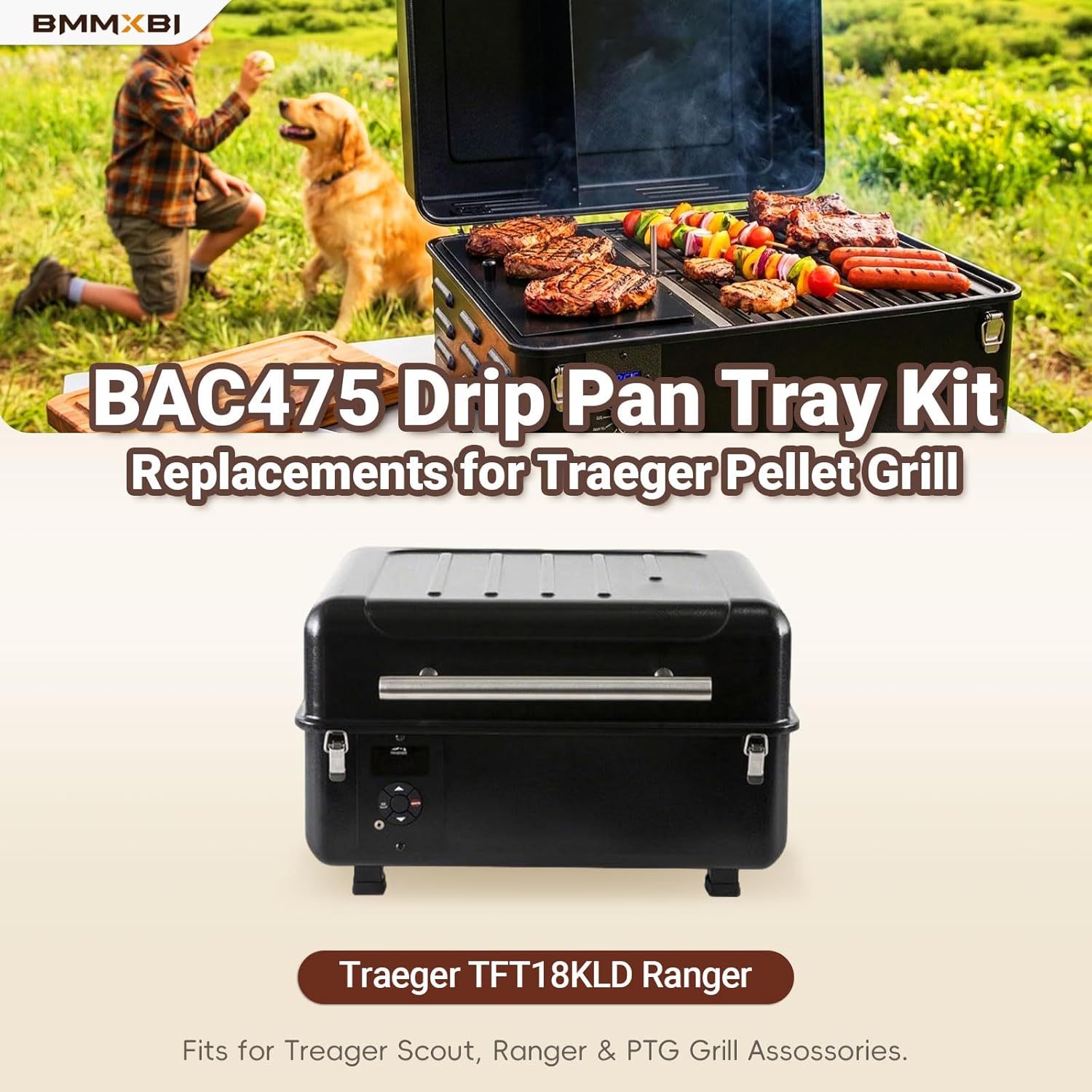 BAC475 Drip Pan Tray Kit for Traeger TFT18KLD, Heat Baffle and 10-Pack Grease Drip Tray Liners for Traeger Scout & Ranger Pellet Grills, Drip Pan Replacement Parts for BAC458 Traeger Drip Tray Liners