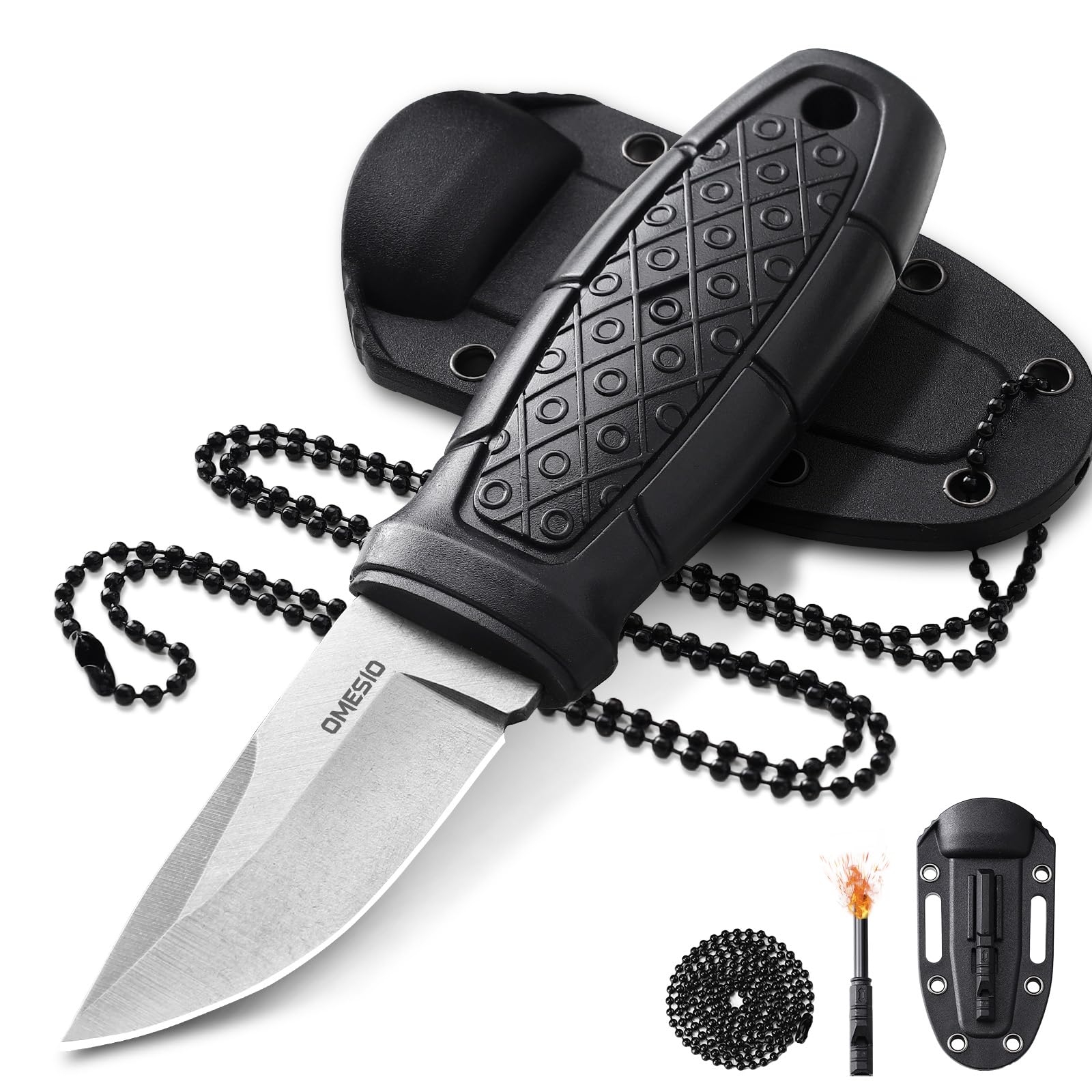 Omesio Coltello Da Collo Edc, Lama in Acciaio 5cr14mov Da 6 Cm, Robusto Manico in PP, Con Fodero in Abs, Catena a Sfere e Fischietto, Adatto Per Il Campeggio e La Sopravvivenza Nella Natura Selvaggia