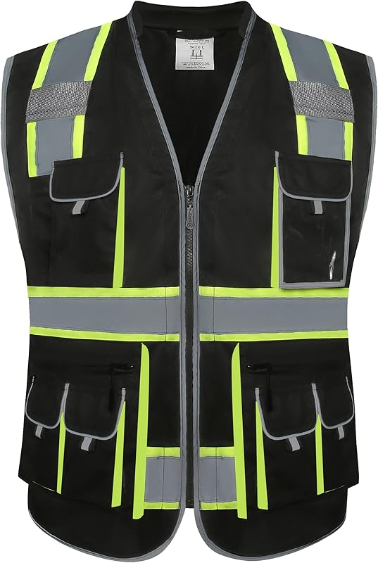 JKSafety Reflective Safety Vest for Men Cushioned Collar JK89 Black XL | 10 Pockets, 4 Reflective Strips with Neon Trim, Cushioned Collar, Lightweight, ANSI for Work & Outdoor Activities