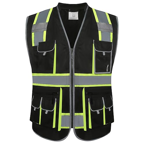 JKSafety 10 Pockets Hi-Vis Zipper Front Black Safety Vest | Cushioned Collar | High Reflective Tapes with Extended Neon Yellow Strips | Meets ANSI/ISEA Standards (XX-Large, 89-Black)