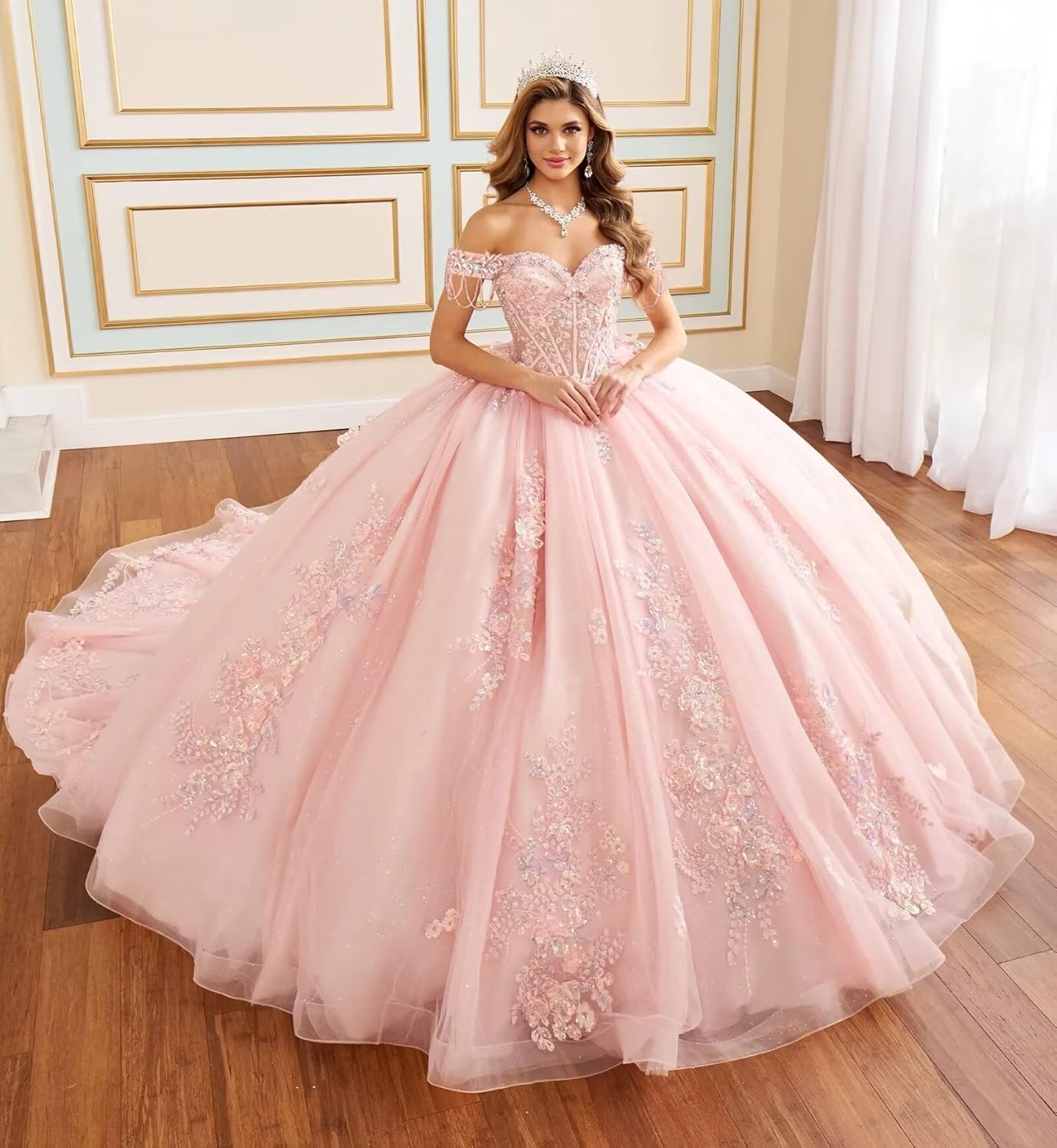 Glitter Tulle Quinceanera Dresses 3D Flowers Ball Gown Lace Appliques Sweet 16 Dresses Off Shoulder 15 Dress with Bow