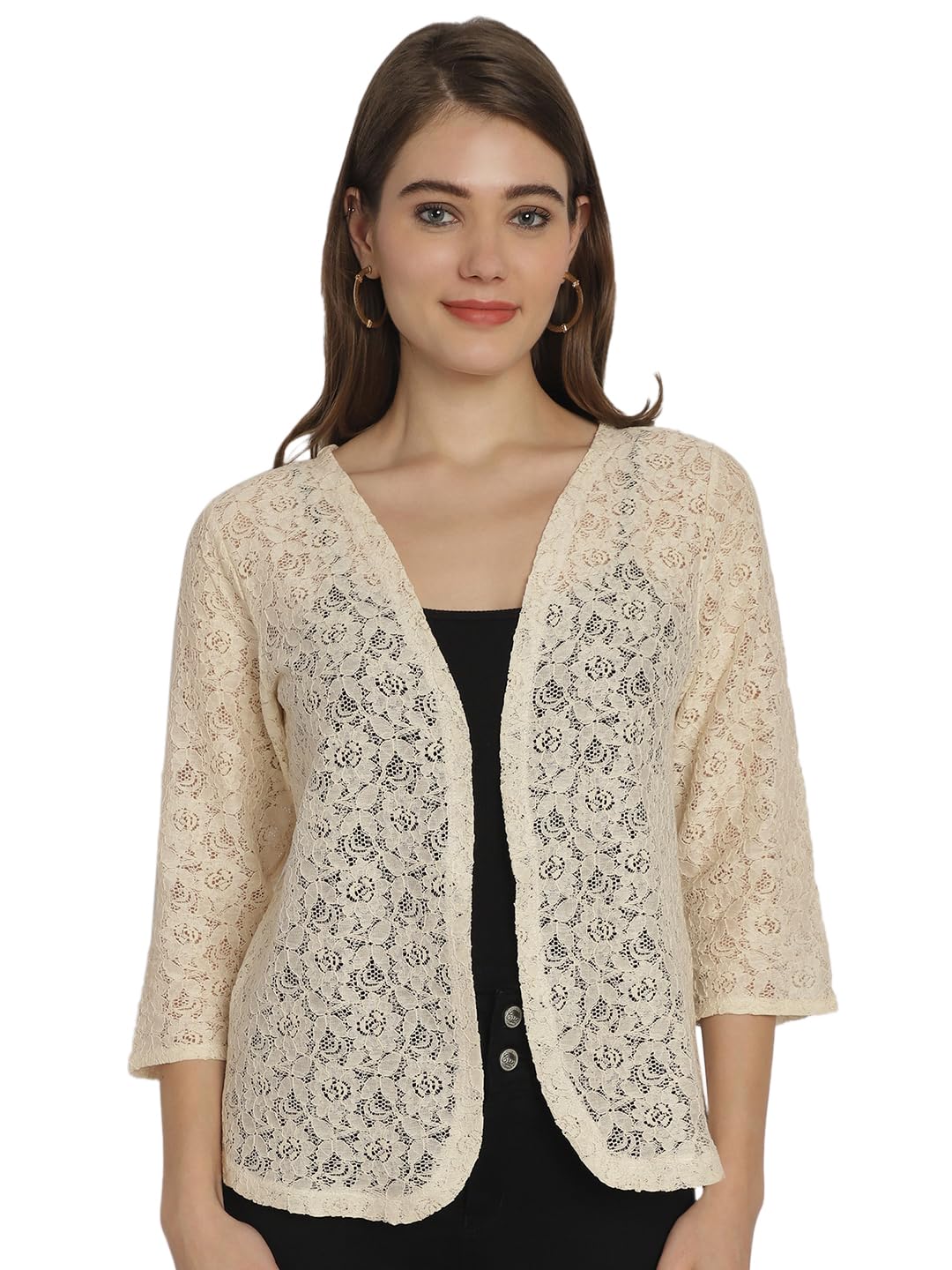 Women Front Open Self Designed 3/4th Sleeves Blazer Shrug (Beige, XL)-image-33