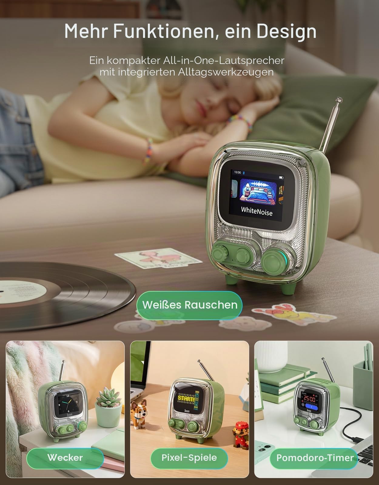 Divoom Tiivoo-2 tragbarer Bluetooth-Lautsprecher mit FM-Radio, Pixel Retro Mini Cute Wireless Speaker, geeignet für Schreibtisch, Büro, Schlafzimmer, Geschenke für Frauen und Männer, grün