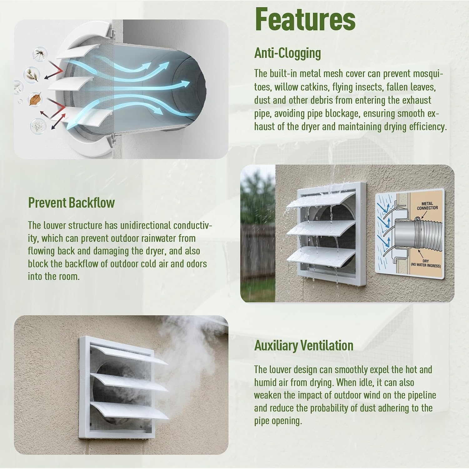 4" Dryer Vent Cover, For Outside Exhaust Vent, Easy Install Replacement Dryer Exhaust Hood, Rain & Pest Proof Outdoor Dryer Exhaust Cover, Anti-Clogging, Prevent Backflow, Auxiliary Ventilation