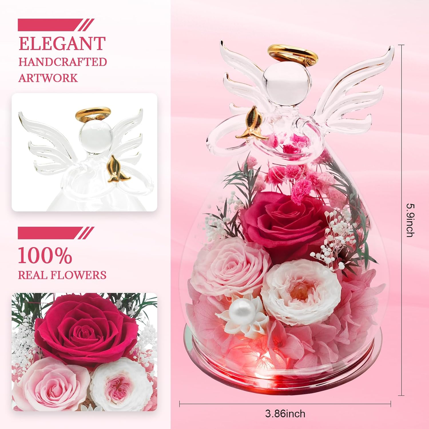 Birthday Gifts for Women Preserved Flowers in Glass Angel Figurines Forever Fresh Flowers for Delivery Prime Preserved Rose Gifts for Her Real Pink Rose for Mom Wife Sister Grandma on Anniversary - Image 2