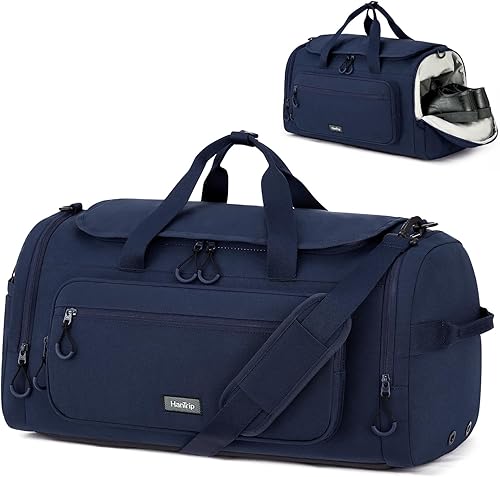 HanTrip Large Travel Duffle Gym Bag with Shoe Compartment, Underseat Carry On Luggage Overnight Weekender Personal Item Workout Bags for Women Men (Navy Blue)