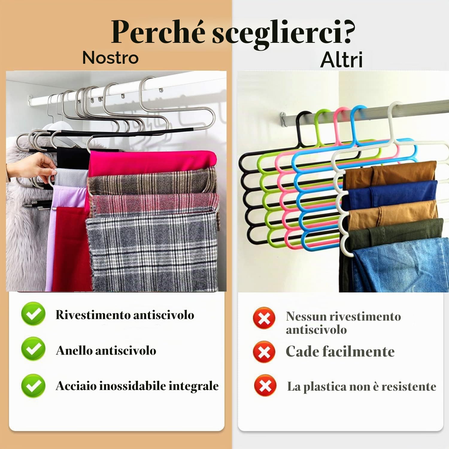 10 grucce salvaspazio per pantalone, in acciaio inox, antiscivolo, tipo S, per vestiti, armadi, organizer per sciarpe, jeans, asciugamani, leggings