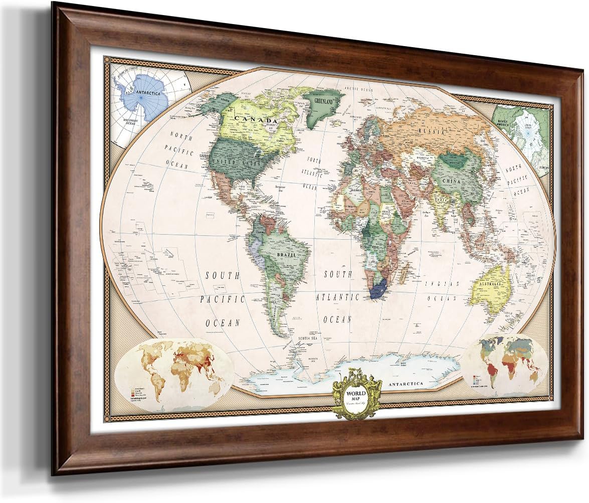 Renditions Gallery Colorful World Map Canvas Wall Art with Walnut Frame Wall Hanging Travel Map with Push Pins for Home, Office, Classroom