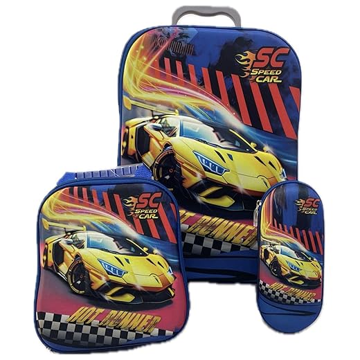 Kit De Mochila Escolar Infantil Masculina Hot Wheels 3D Com Rodinha Tripla Em Silicone Acompanha Lancheira E Estojo Resistente Impermeável