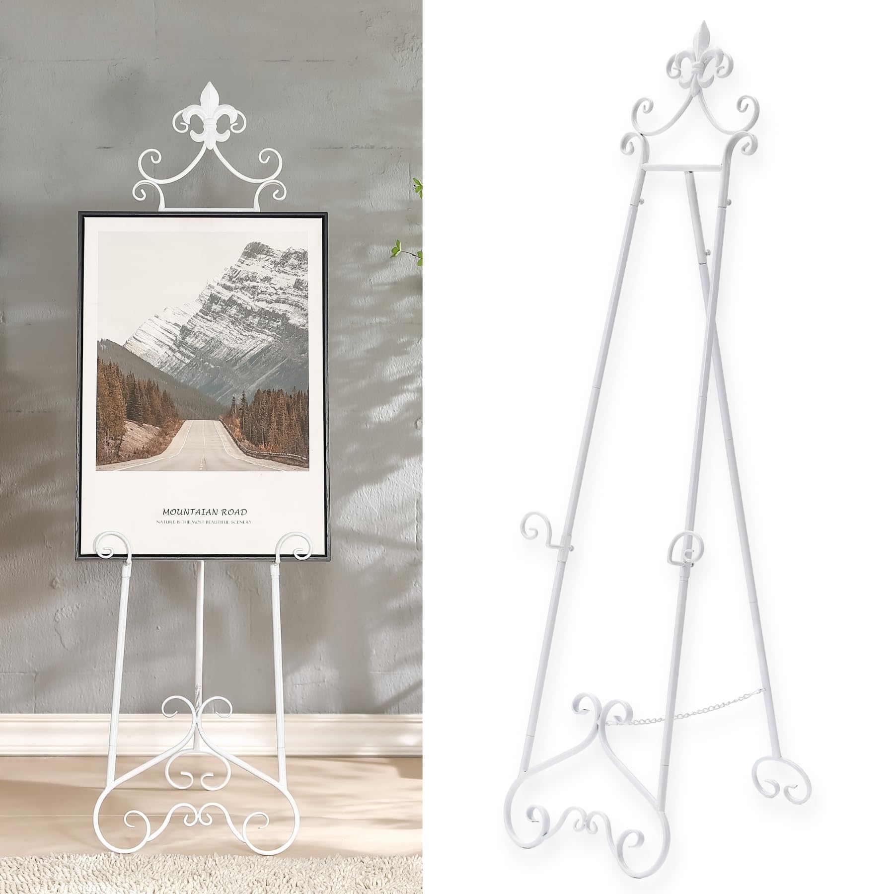 CaliDecor 60” H White Easel Stand for Sign, Large Adjustable Metal Display Standing for Displaying Pictures Wedding Poster Holder Showcasing with Chain Support