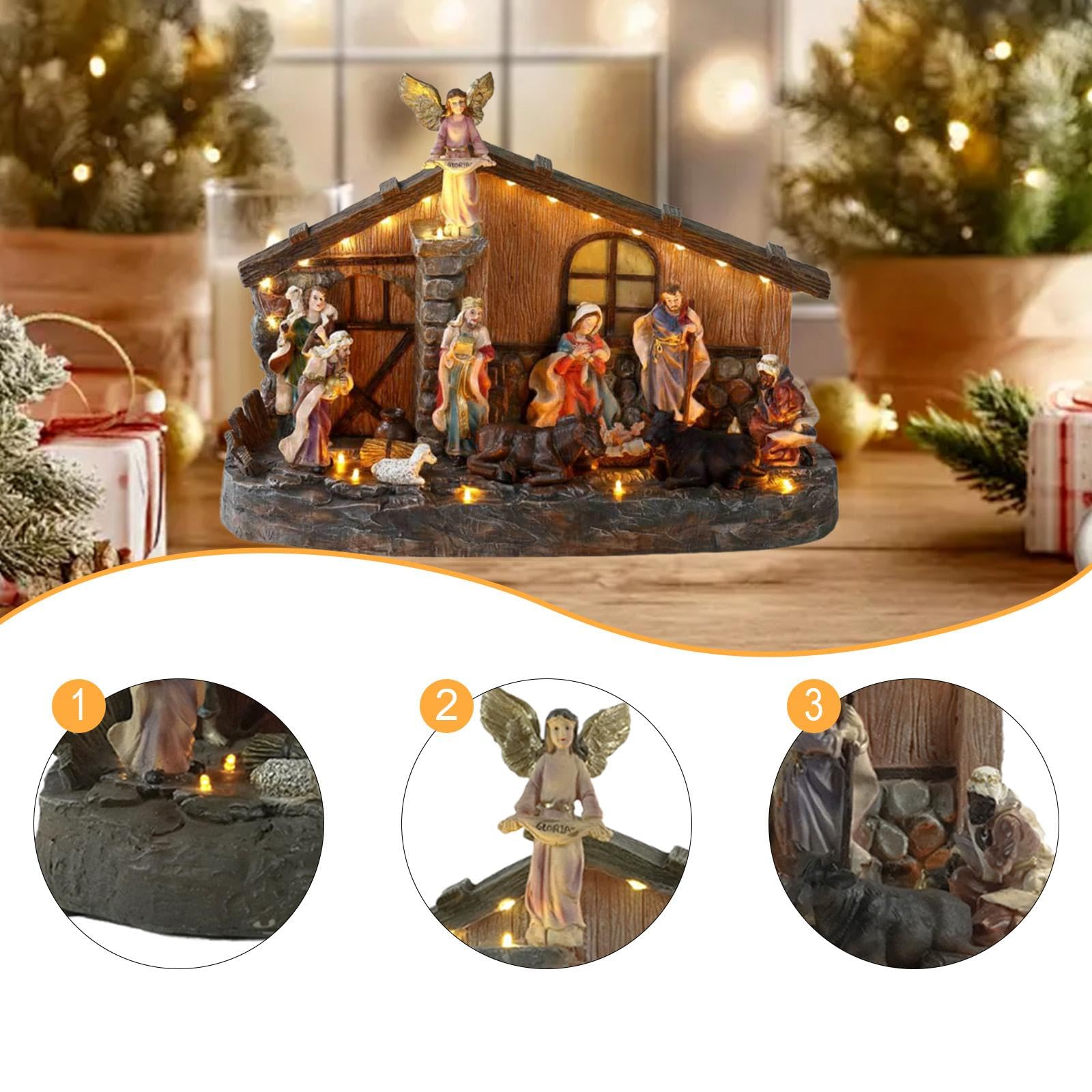 Decorazione natalizia per presepe, decorazione per casa illuminata con musica per soggiorno, feste in casa