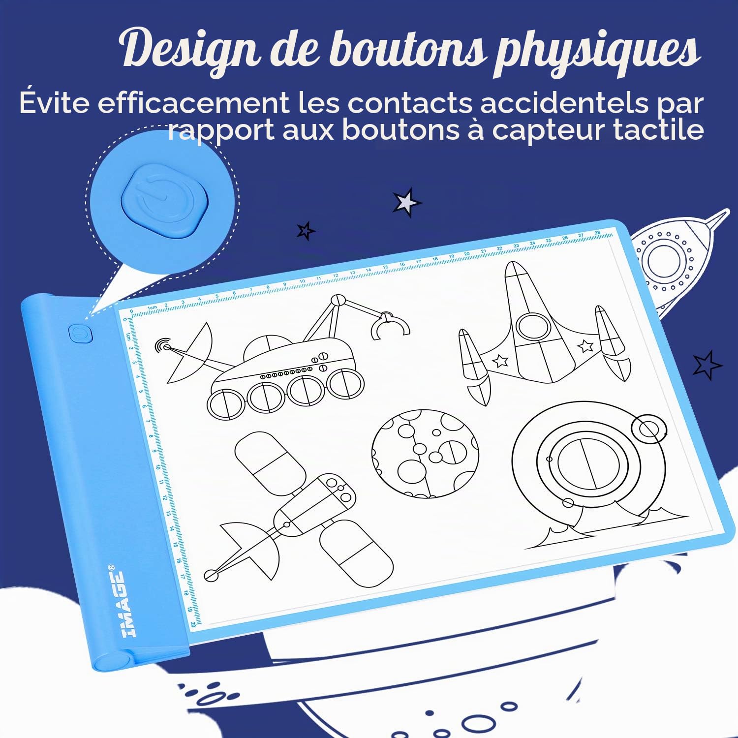 IMAGE Tableau lumineux pour le traçage, planche lumineuse, tablette de dessin, planche à colorier pour les enfants, filles et garçons (comprend 10 feuilles traçables et deux clips) (Bleu)