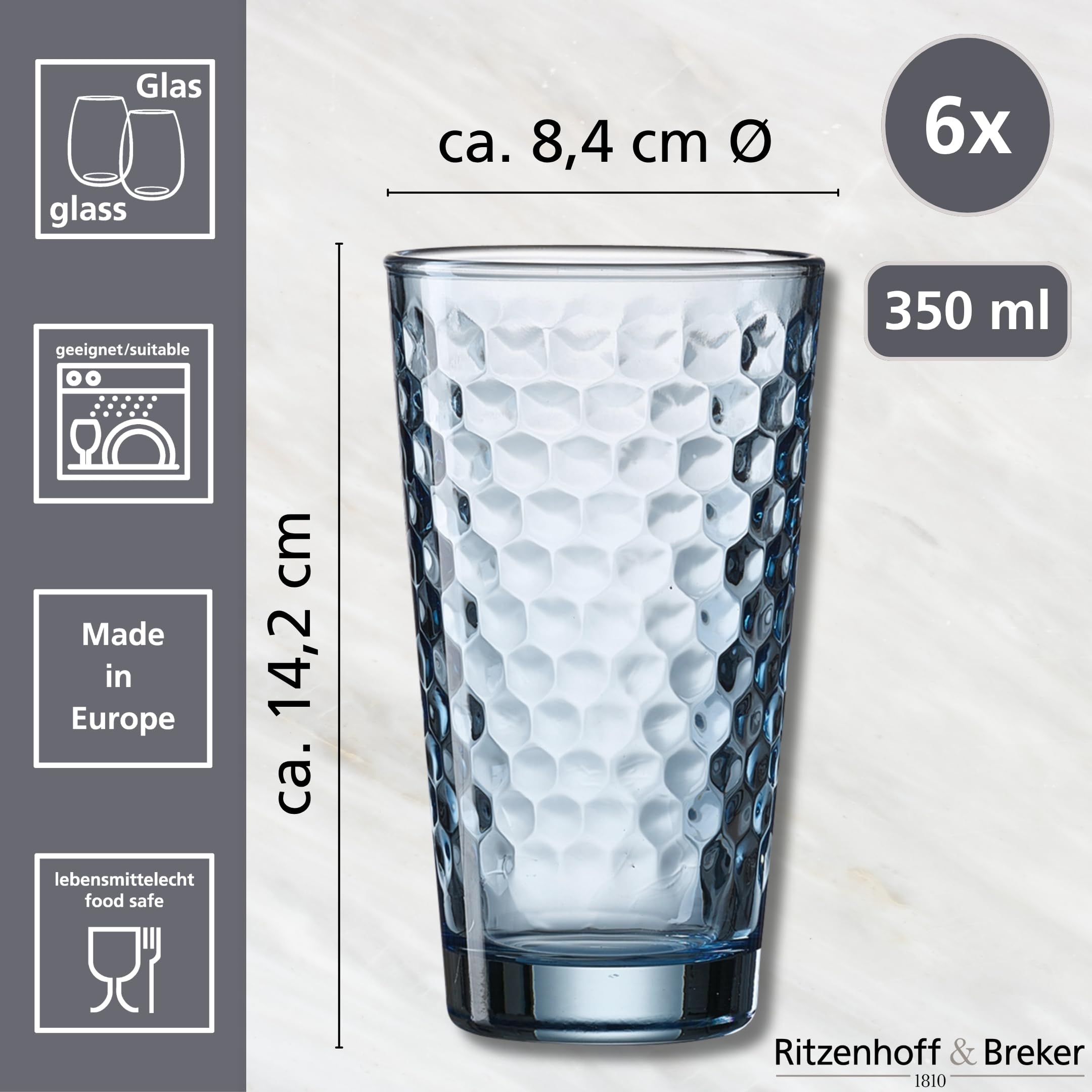 Ritzenhoff & Breker Zestaw szklanek do longdrinków Favo, 6-częściowy, niebieski, szkło