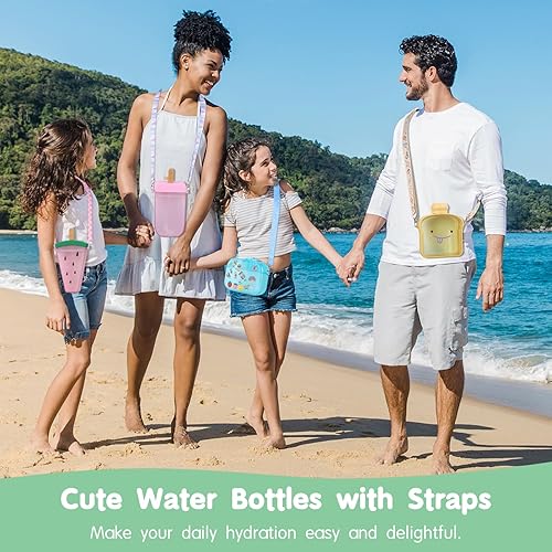 Miniatura 2 de DIMEGON 6 botellas de agua de plástico a prueba de fugas con correas ajustables, botellas creativas con pajitas para la escuela, campamento, viajes,