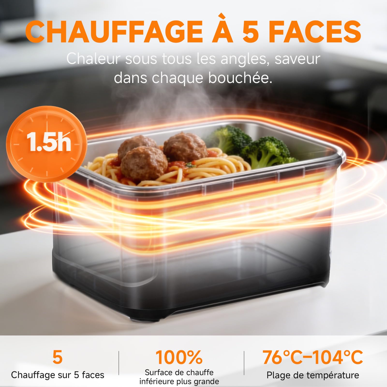 AMZCHEF Gamelle chauffante 1,5 L - lunch box chauffante Électrique 27000mAh, chauffage sur 5 faces, fonction de réchauffage instantané, avec horloge et mémoire, recharge rapide en 3,5 heures(noir)