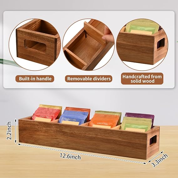 Acacia Wood Tea Bag Organizer with 4 Slots Tea Bag Holder and Tea Organizer, Sugar Packet Storage for Countertops