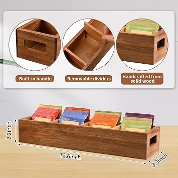 Acacia Wood Tea Bag Organizer with 4 Slots Tea Bag Holder and Tea Organizer, Sugar Packet Storage for Countertops