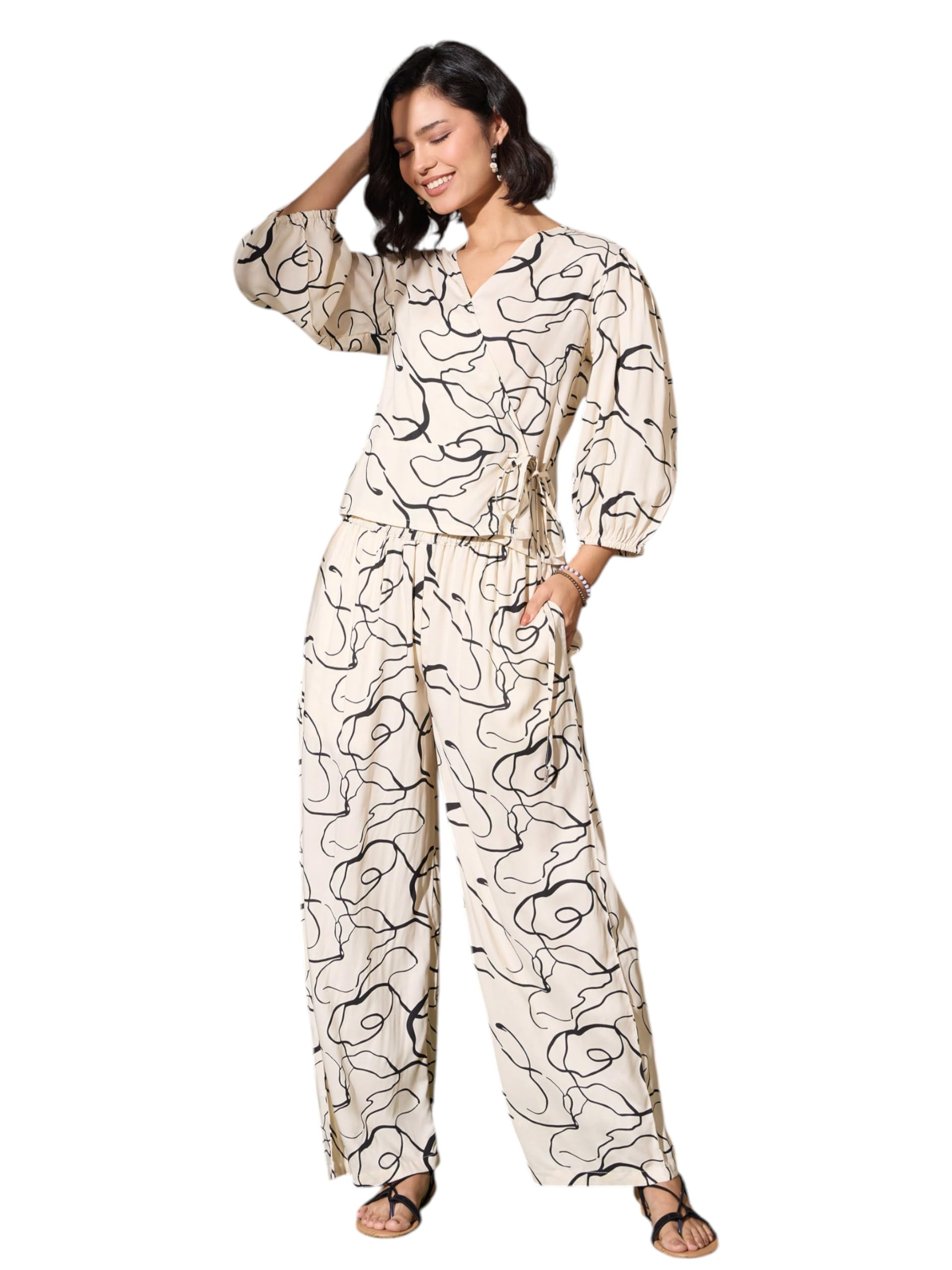 Off-White Abstract Wrap Top With Palazzos-image-1