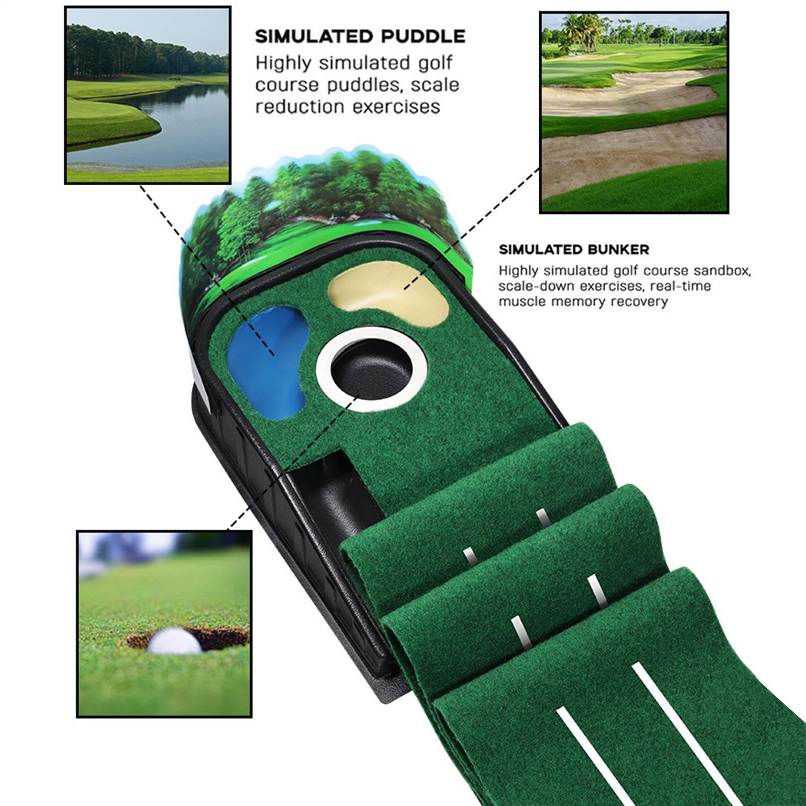 Putting Green Mat, Golf Putting Mat, Golfzubehör mit Massivholzsockel für | den Innen- und Außenbereich, Samt, mit automatischer Ballrückführung für Go Übung
