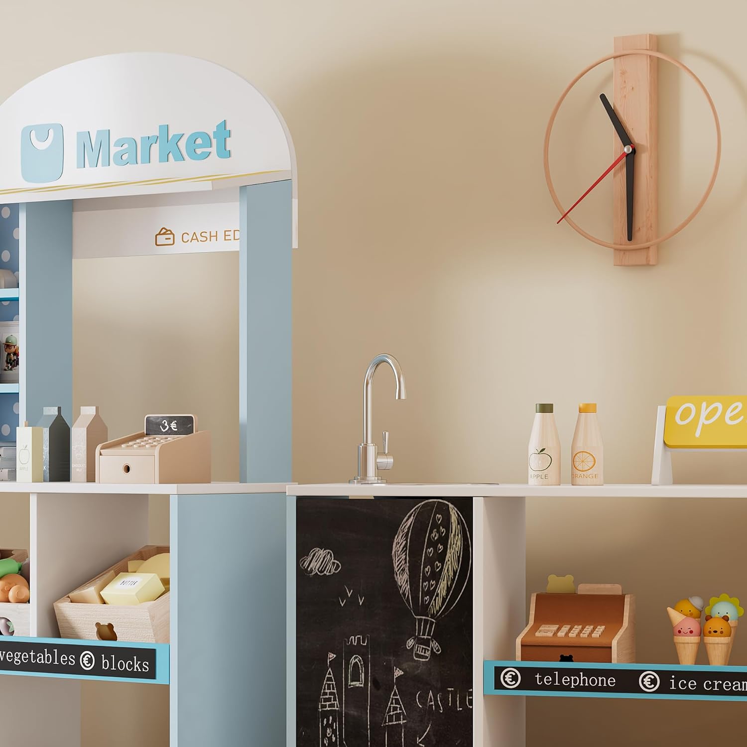 Merax Wooden Play Shop with Accessories, Shelves, Fridge, Advertising Signs, Chalkboard, Tap, Side Counter, Sales Stand Toy Set for Girls Boys from 3 Years, Blue