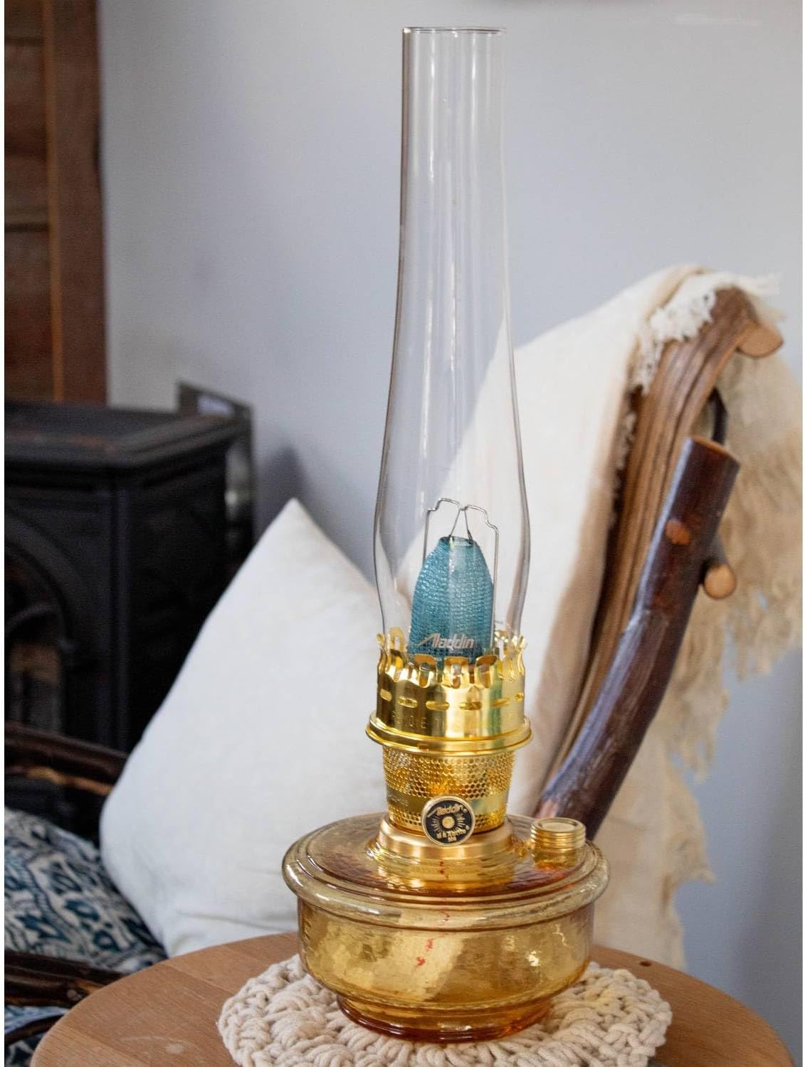 Aladdin Genie III Oil Lamp, Indoor Emergency Lighting for Shelf, Table or Hanging, Amber Glass Bowl with Brass Burner