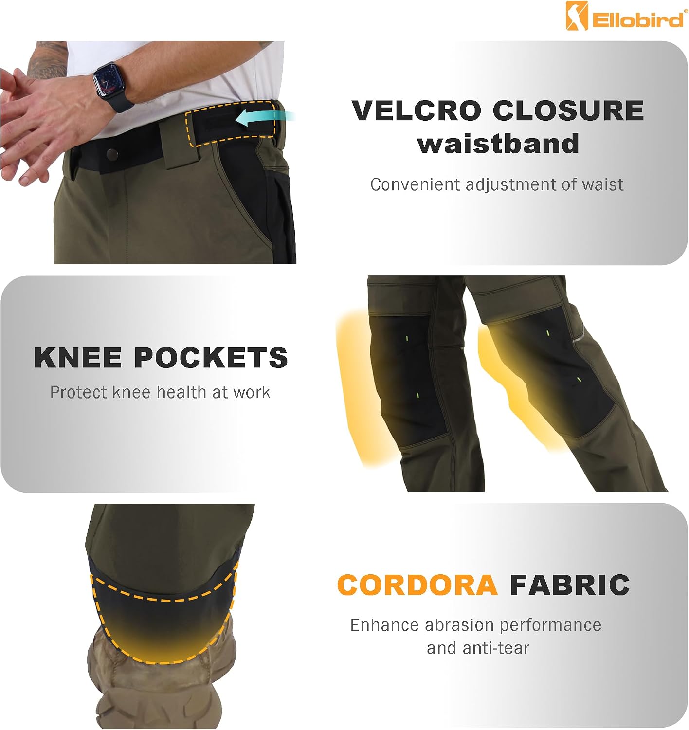 Ellobird Men's Work Utility Pants, Relaxed Fit 4 Way Stretch, Construction Carpenter Cargo Tactical, Durable Cordura