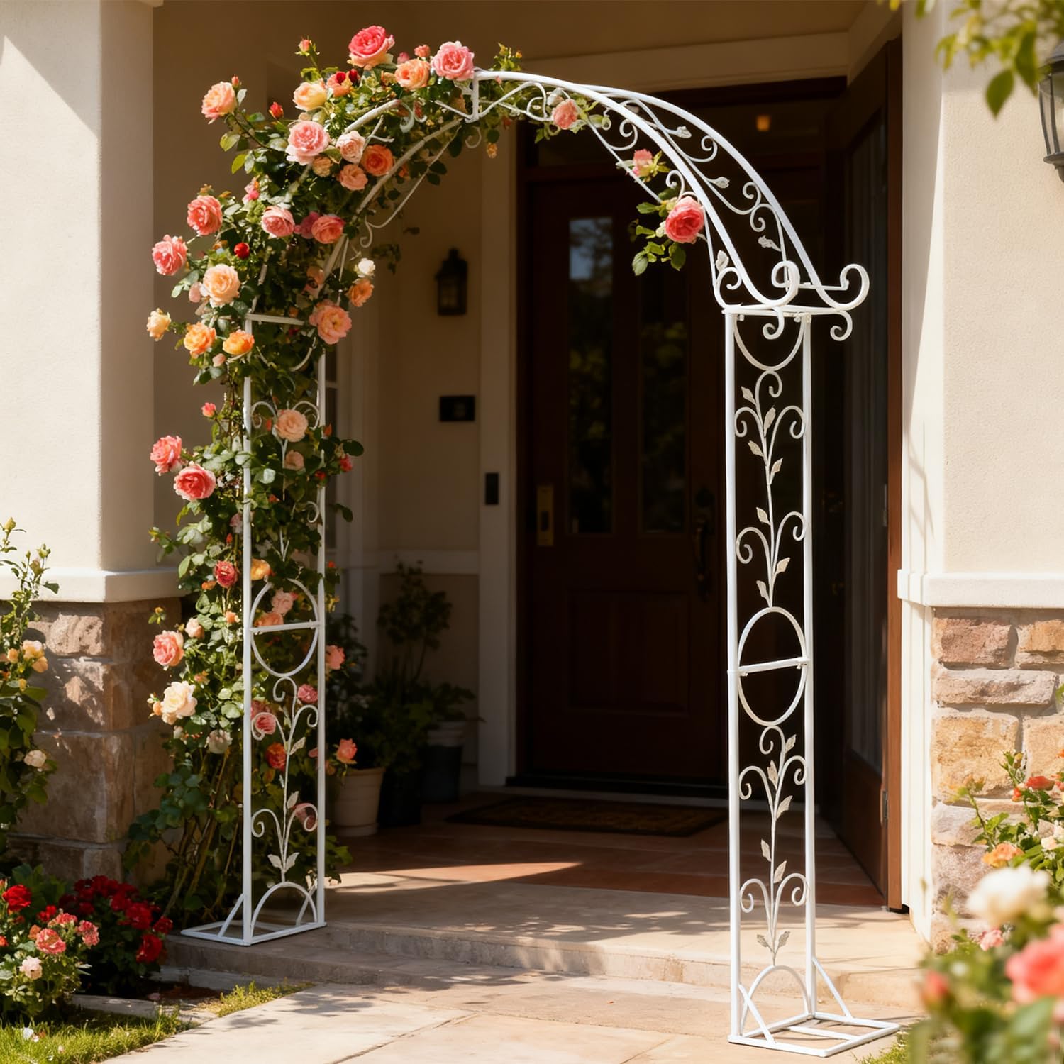 Sungmor Metal Garden Arbor, 92.5" High x 11.8" Wide Outdoor Garden Arch Trellis, Elegant White Archway for Wedding Party Event, Climbing Plants and Vine Flowers Support, Lawn Patio Yard Decoration
