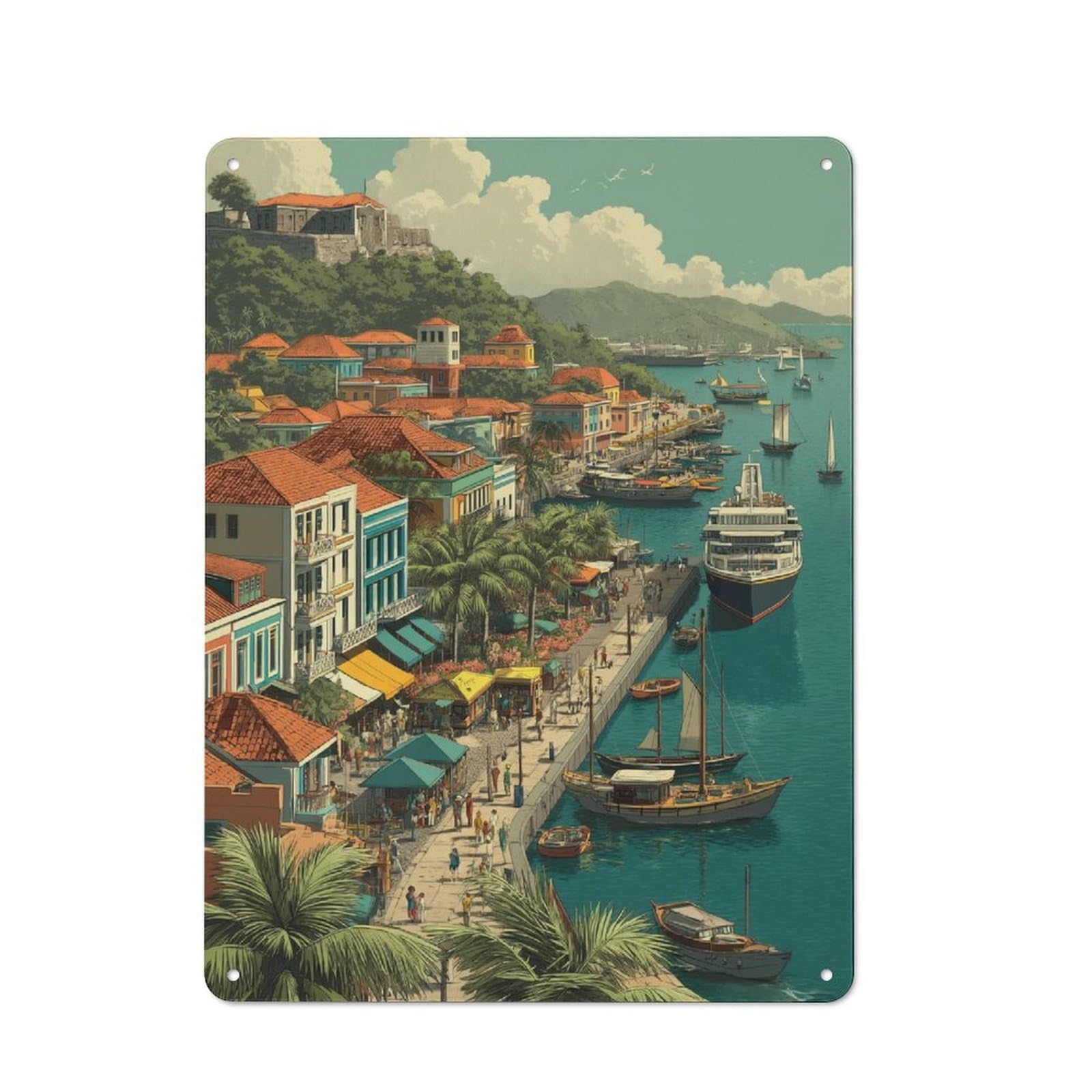 Cottage Tin Sign 40x30cm Featuring Harbor Life A Vibrant Coastal Scene, Porch Wall Decor for Shed, Garden Room, Porch Or Garage