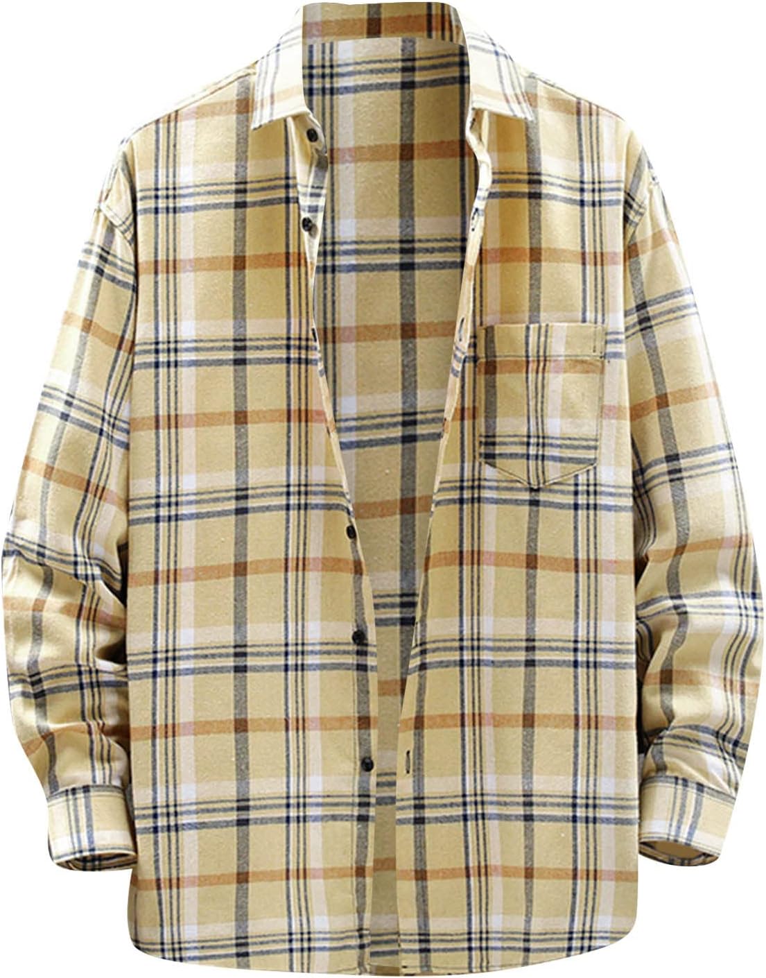 GenericMen Plaid Shirts Long Sleeve Button Lapel Loose Fit Cotton Lightweight Stylish Spring Shirt Jacket with Pocket