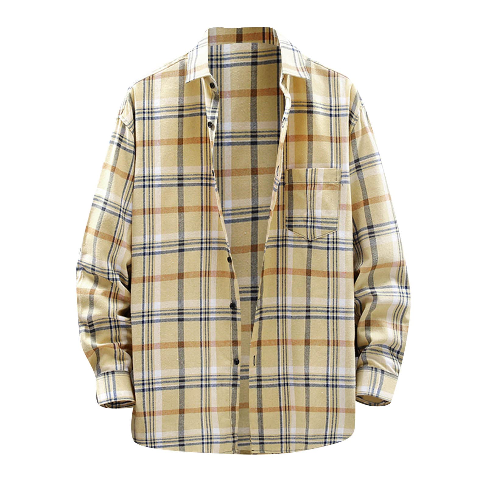 GenericMen Plaid Shirts Long Sleeve Button Lapel Loose Fit Cotton Lightweight Stylish Spring Shirt Jacket with Pocket
