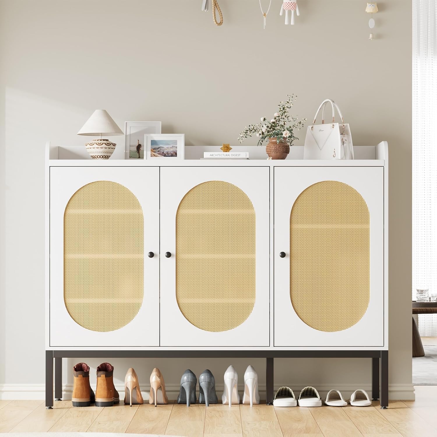 Rattan Shoe Cabinet Storage for Entryway, 3 Rattan Doors Shoe Storage with Adjustable Shelves, Shoe Organizer 7-Tier Shoe Rack for Entryway, Hallway, Living Room