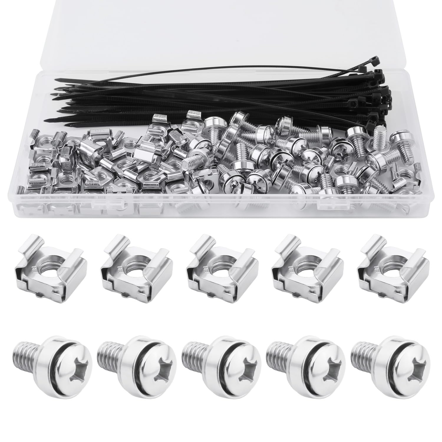 110 Pcs Rack Mount Cage Nuts Set, M6x16/20mm Server Rack Screws And Cage Nuts And Bolts & Washers Set For Audio Server Data Cabinets Console Mounting Routers Shelves, Inclu 22 Cable Ties(Black