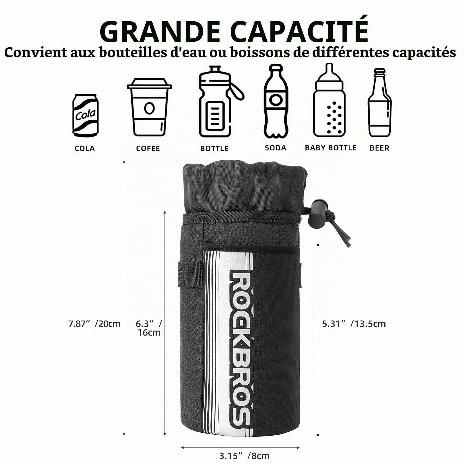 ROCKBROS Porte-bidon de Vélo, Sacoche de Guidon pour Gourde 1 Litre Sacoche de Vélo Isolée avec Porte-Bouteille d'eau et Poche pour Téléphone Portable Noir