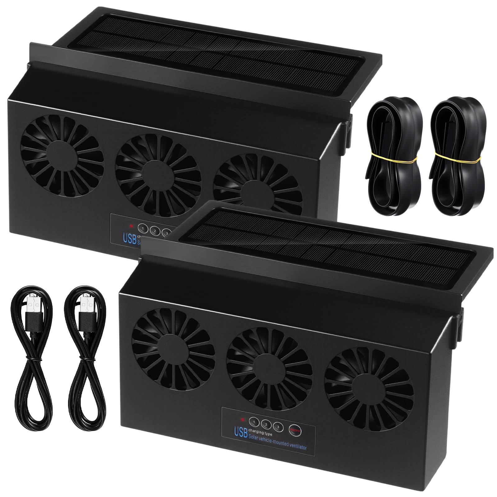 Photo 1 of Tujoe 2 Pack Solar Powered Car Exhaust Fan 3 Fans Car Window 4500 RPM Air Vent Radiator Solar Energy Cooling Vent Exhaust for General Types(Rechargeable & Solar 3 Fans,Black)