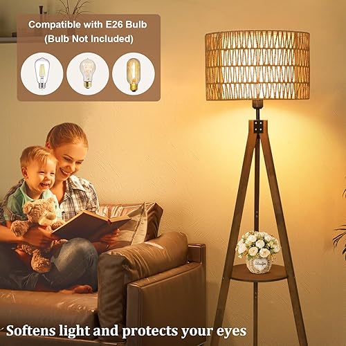 Miniatura 5 de Lámparas de pie estilo bohemio con trípode para sala de estar, lámpara de pie de madera de ratán con pantallas de tela, lámpara de pie de mediados