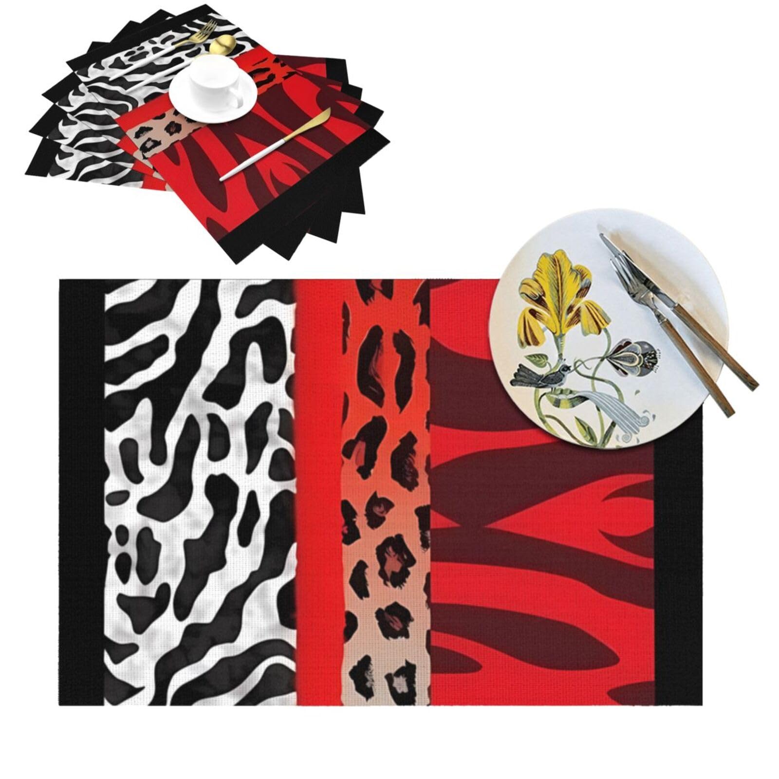 Set de table lavable et thermorésistant en PVC tissé léopard rouge lot de 6