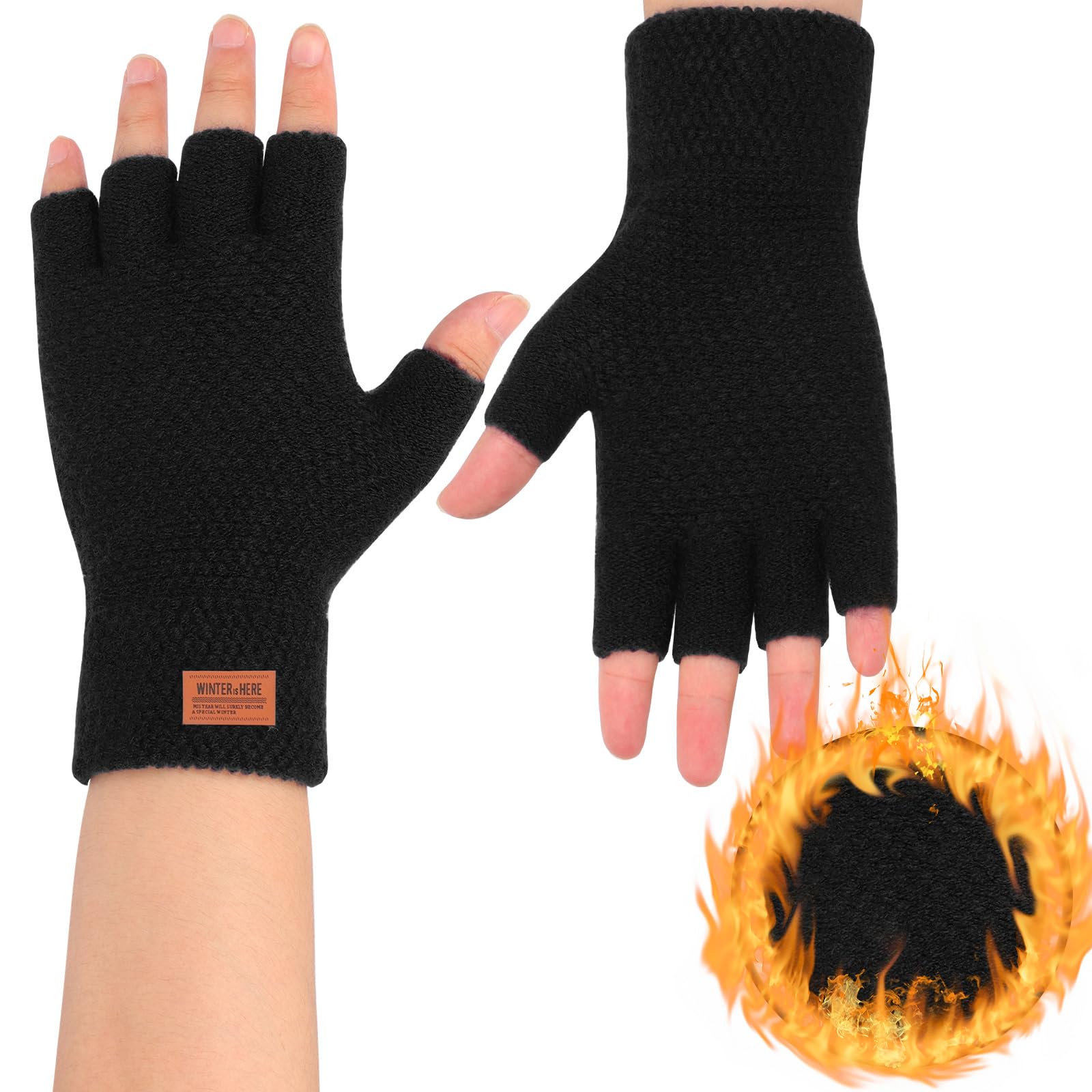 Lancry Women's Black Pair Of Fingerless Gloves For Adults, Winter Knit Touchscreen Warm Stretchy Half Finger Mittens For Men Working Cycling