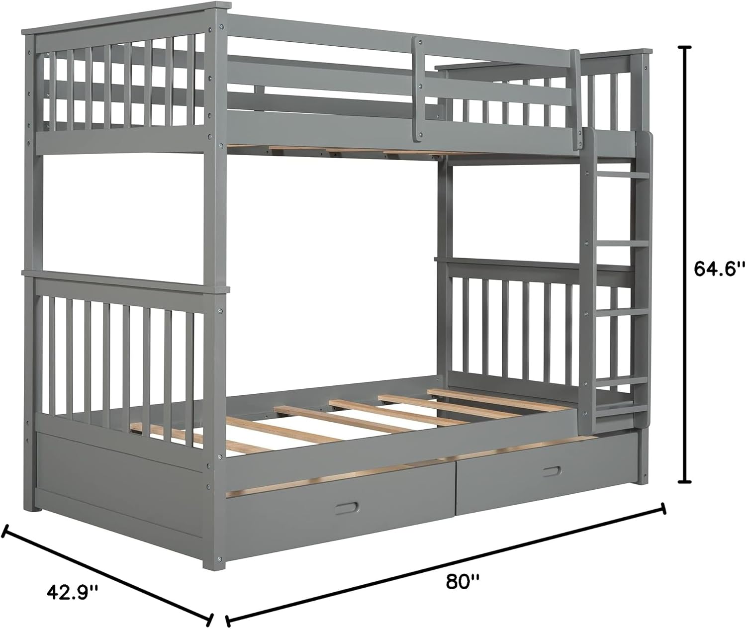 Detailed dimensions diagram of the MOEO Twin Over Twin Bunk Bed, showing length, width, and height.