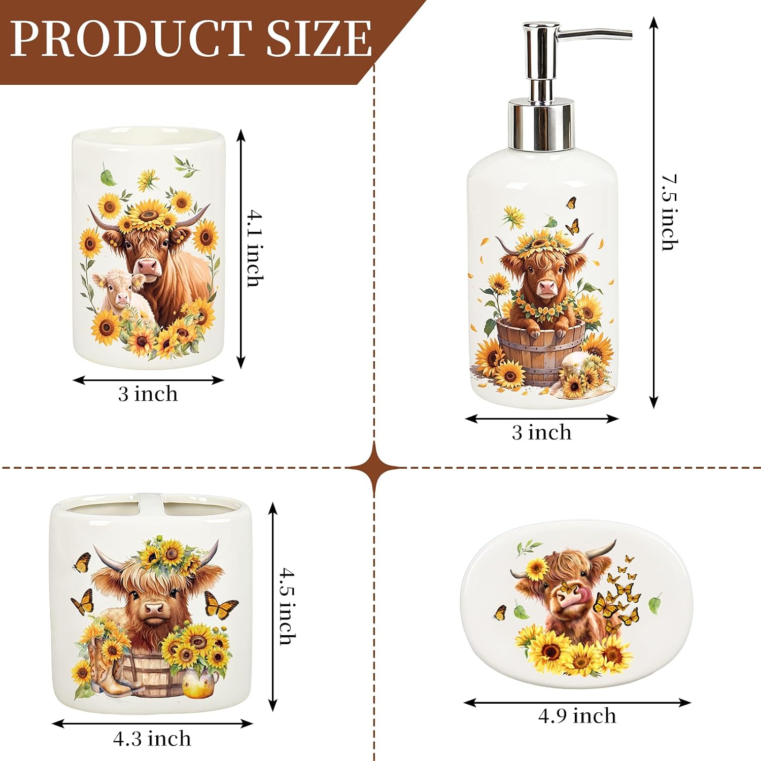 JarThenaAMCS 4Pcs Highland Cow Sunflower Bathroom Accessories Ceramic Liquid Dispenser Toothbrush Holder Tumbler Soap Dish for Summer Home Party Favors Supplies