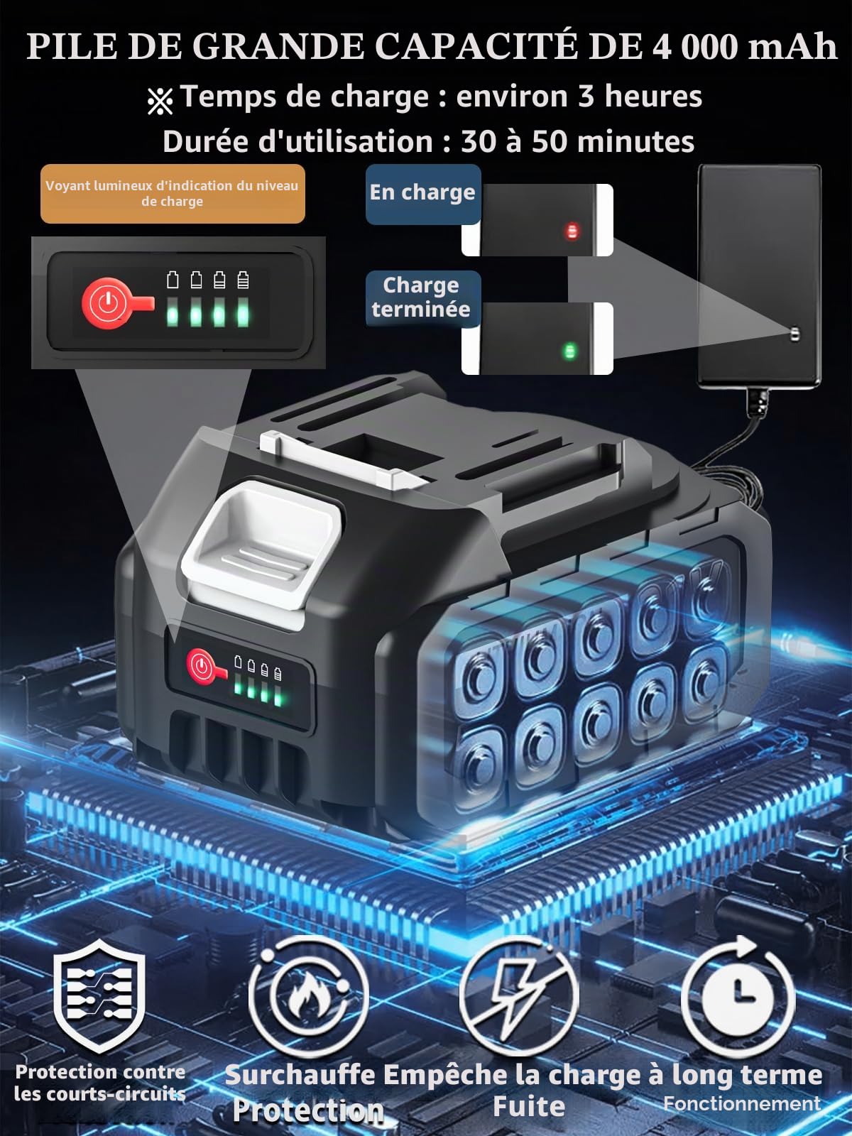 Nettoyeur haute pression sans fil portable – Lot de 2 batteries 1200 PSI 336 l/h – Nettoyeur haute pression sans fil à piles avec buse 6 en 1, canon à mousse réglable pour voiture et jardin