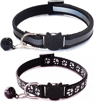 Reflective Cat Collar Breakaway with Bell,Black 2-Pack Cute Nylon Kitten Collar with Bell,Adjustable Reflective Cat Collars for XXS XSmall Girl Pets Female Kitty X-Small,Neck 7-12 Inch