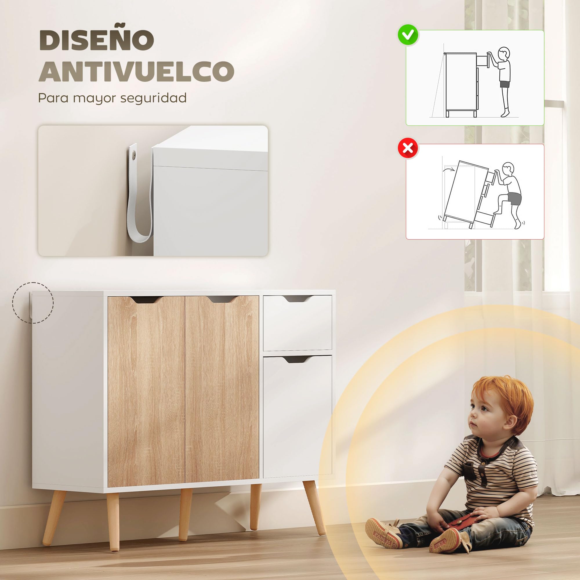 HOMCOM Aparador Moderno Aparador para Salón con 3 Puertas y Cajón Mueble Auxiliar para Salón Cocina Dormitorio 90x30x72 cm Blanco y Natural