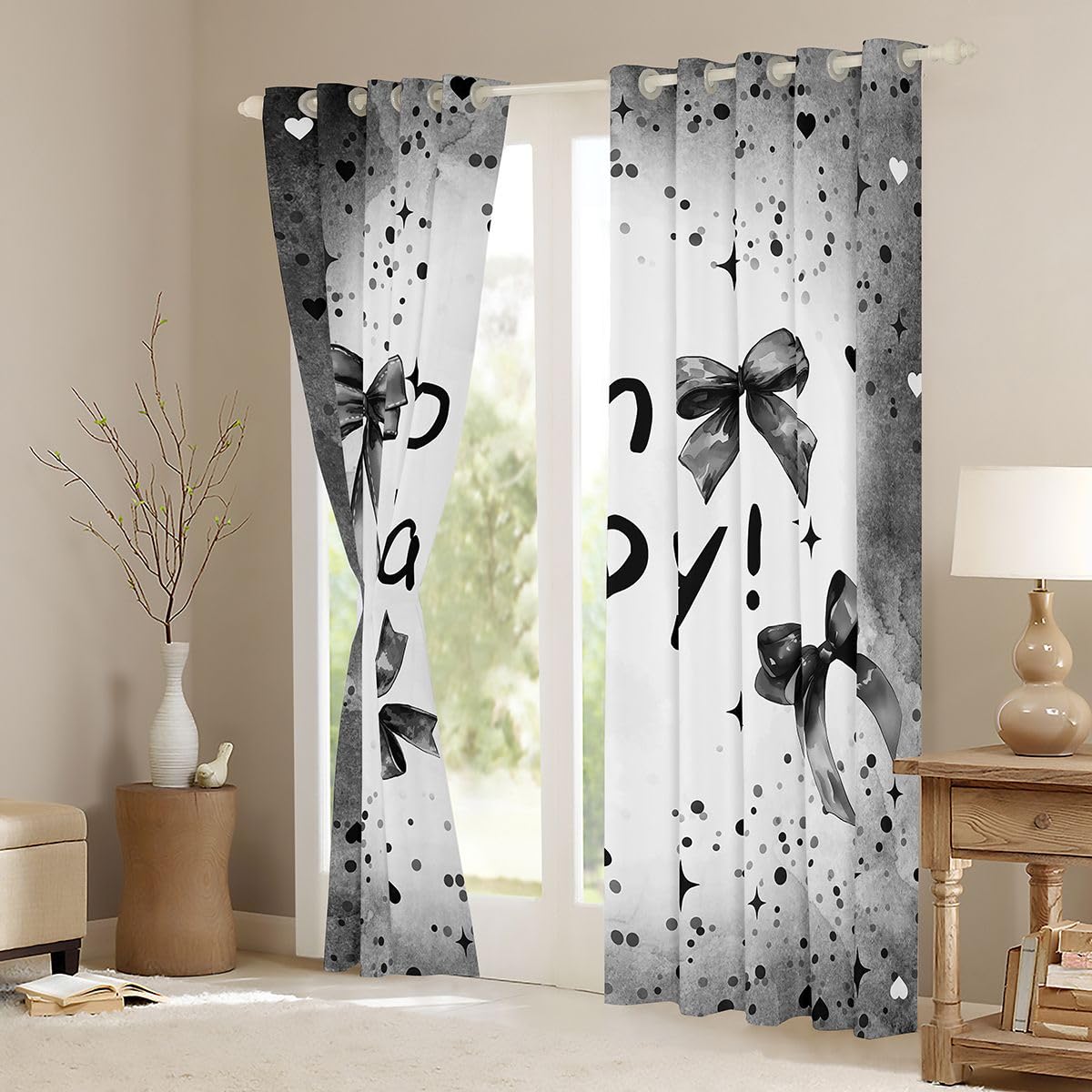 Homewish Zasłony okienne dla niemowląt, 168 x 229 cm, 2 panele – szara wstążka z węzłem kokardkowym, zasłony zaciemniające, romantyczny wzór serca, zasłony okienne, dekoracja urodzinowa, marzycielska